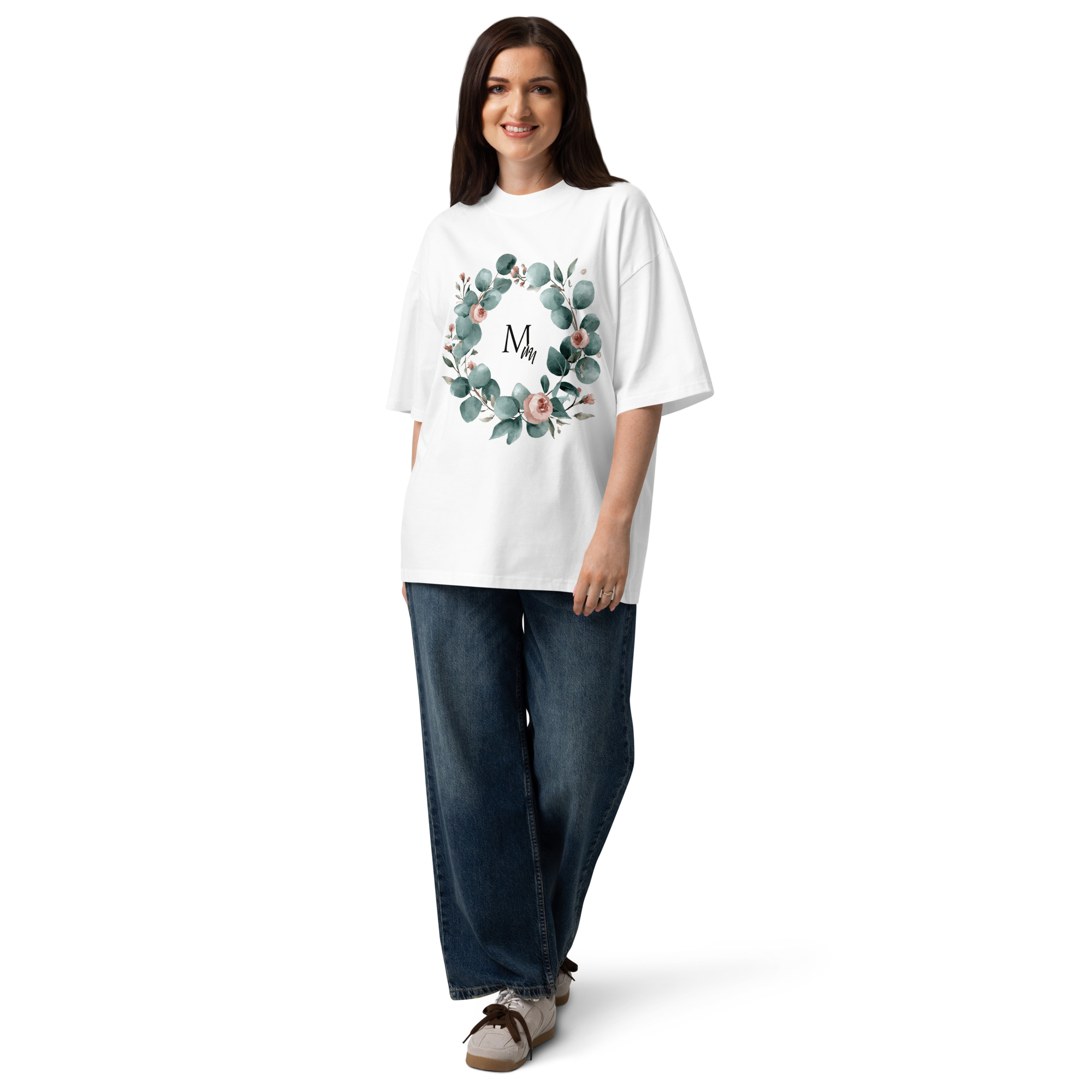 Unisex organic oversized high neck - "Wreath & Initials" t-shirt - Image 4