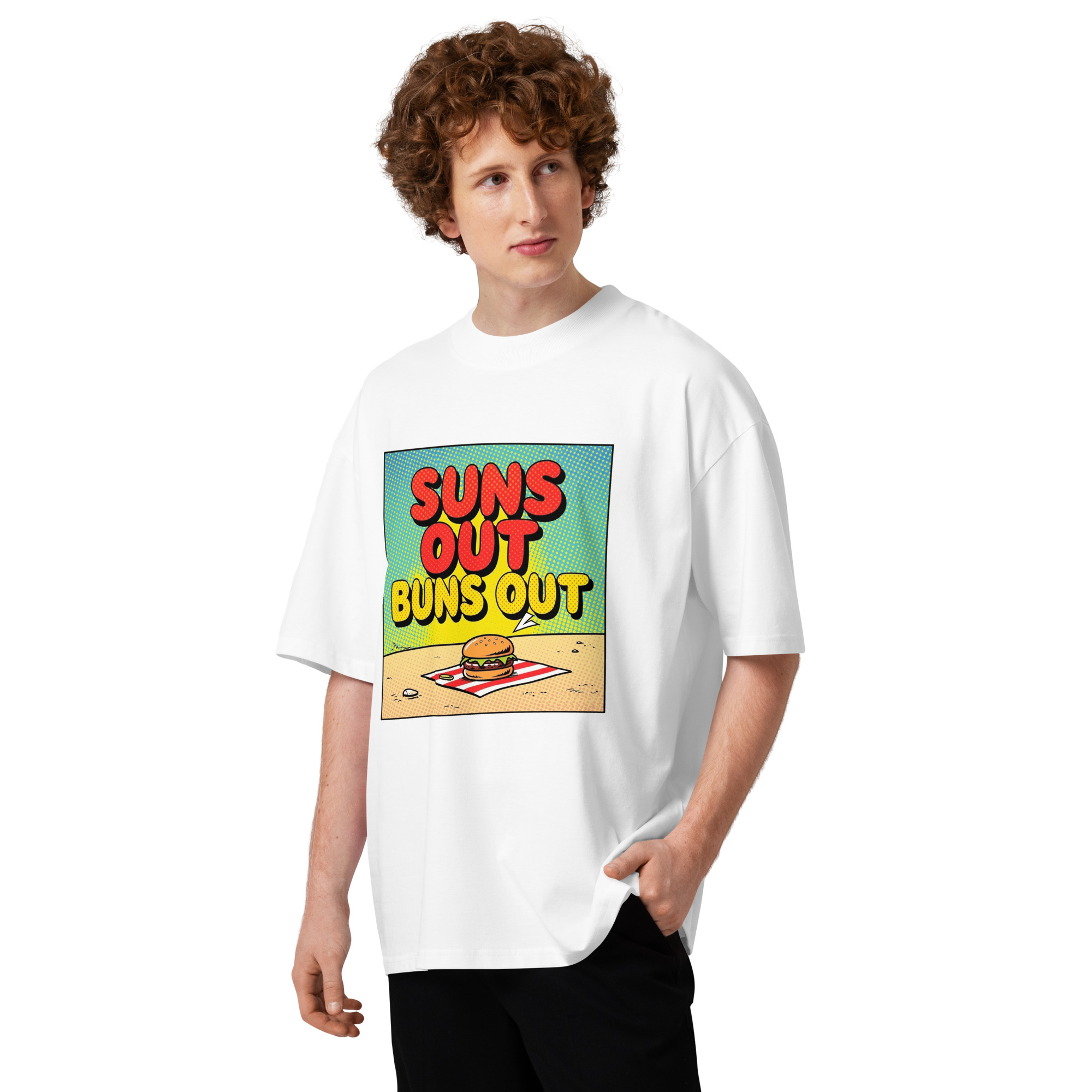 Unisex organic oversized high neck - “Buns Out, Sun Out” – Hamburger Comic Tee - Image 4