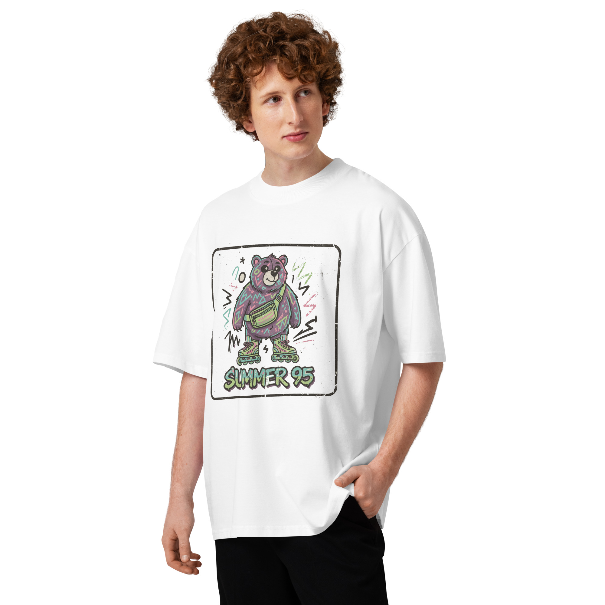 Unisex organic oversized high neck - “Rad Bear ‘95” – Neon Rollerblade Vintage Shirt - Image 4