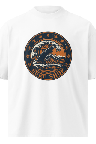 Unisex organic oversized high neck - “Sharkfin Swell” – Vintage Surf Logo Tee