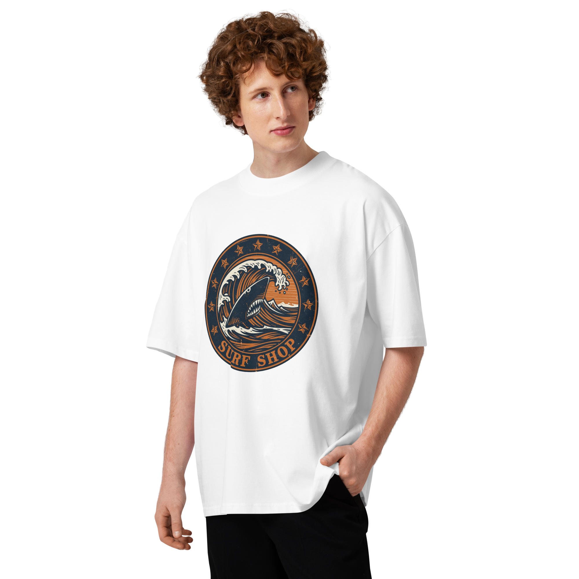 Unisex organic oversized high neck - “Sharkfin Swell” – Vintage Surf Logo Tee - Image 4
