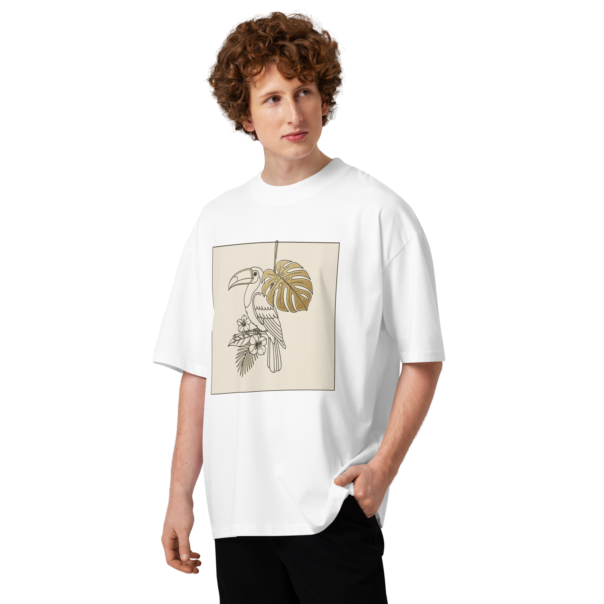 Unisex organic oversized high neck - “Toucan Line” – Monstera & Gold Ink Tattoo Tee - Image 3