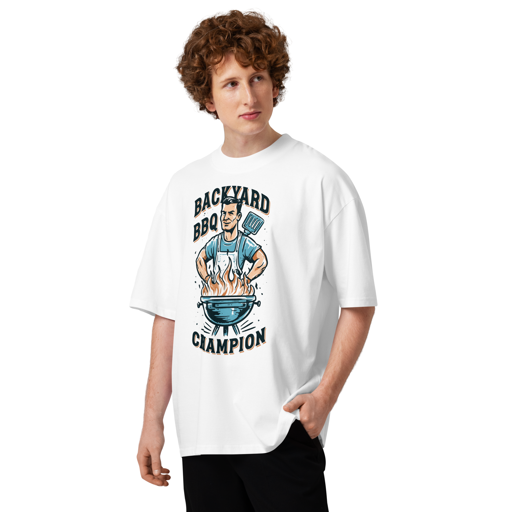 Unisex organic oversized high neck - "backyard bbq champion" t-shirt - Image 5