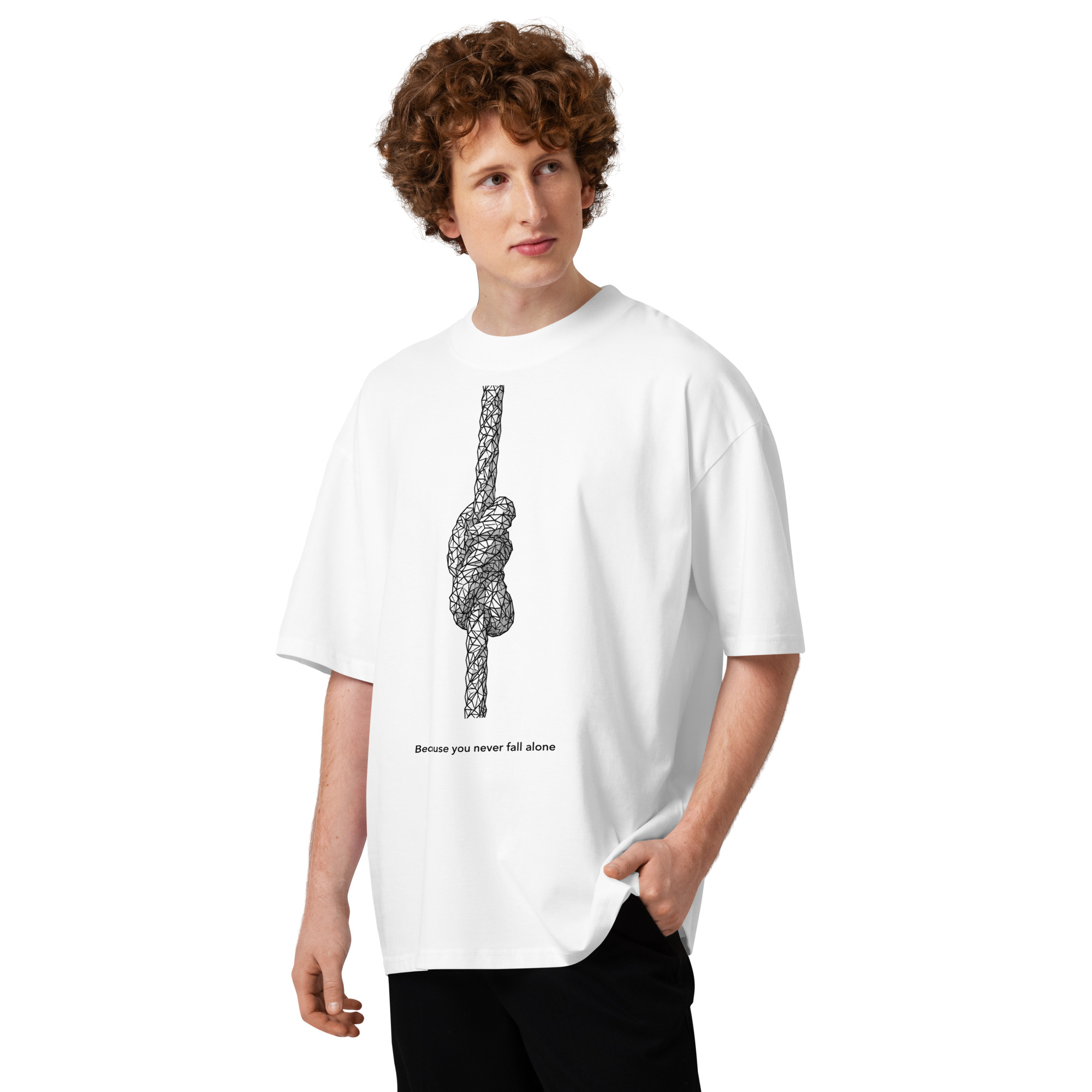 Unisex organic oversized high neck - "because you never fall alone" t-shirt - Image 5