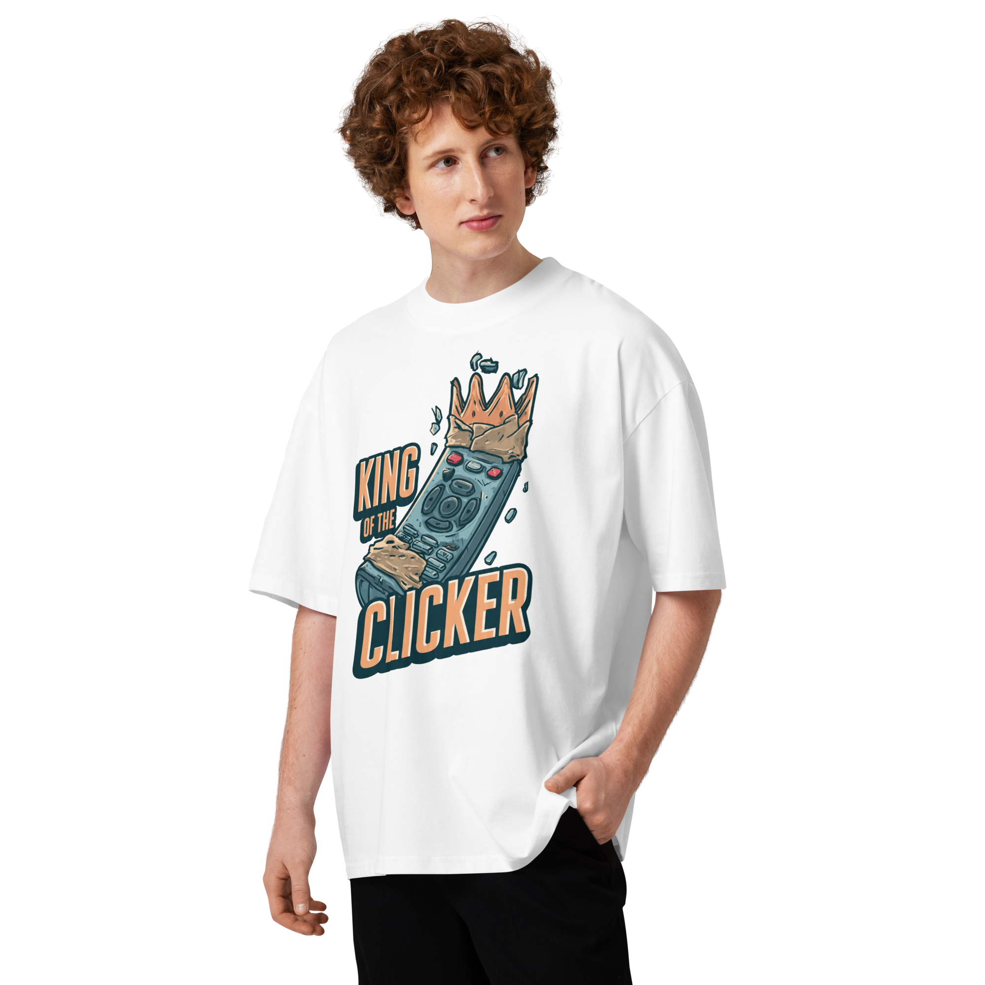 Unisex organic oversized high neck - "king of the clicker" t-shirt - Image 5