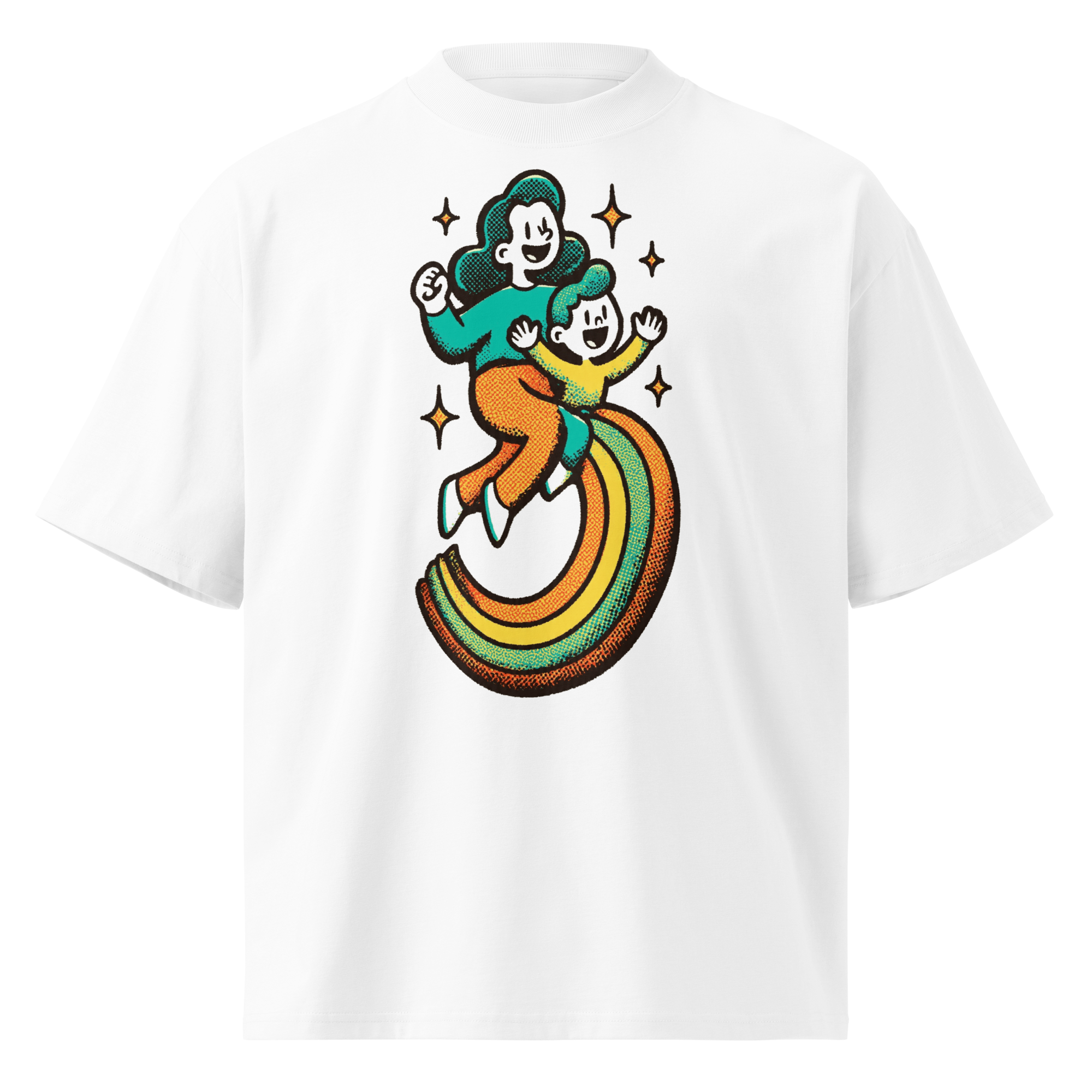 Unisex organic oversized high neck - "Rainbow Riders" t-shirt