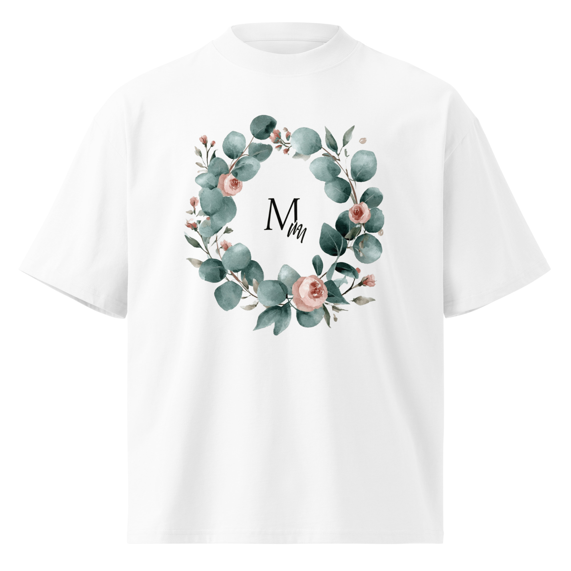 Unisex organic oversized high neck - "Wreath & Initials" t-shirt