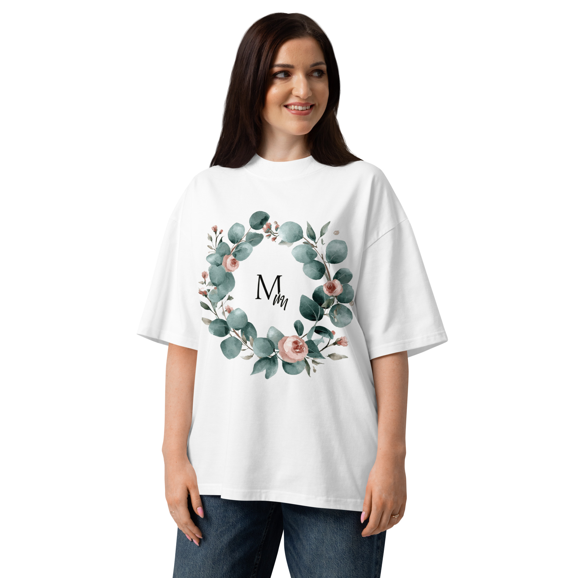 Unisex organic oversized high neck - "Wreath & Initials" t-shirt - Image 5