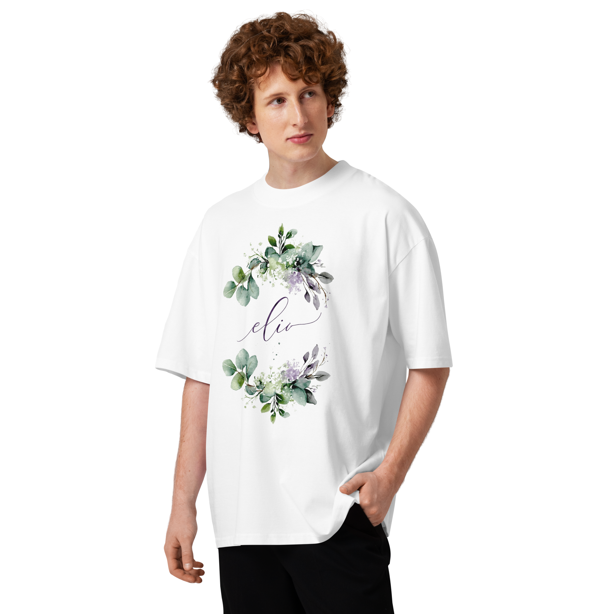 Unisex organic oversized high neck - "Eucalyptus Wreath Floral" t-shirt - Image 3