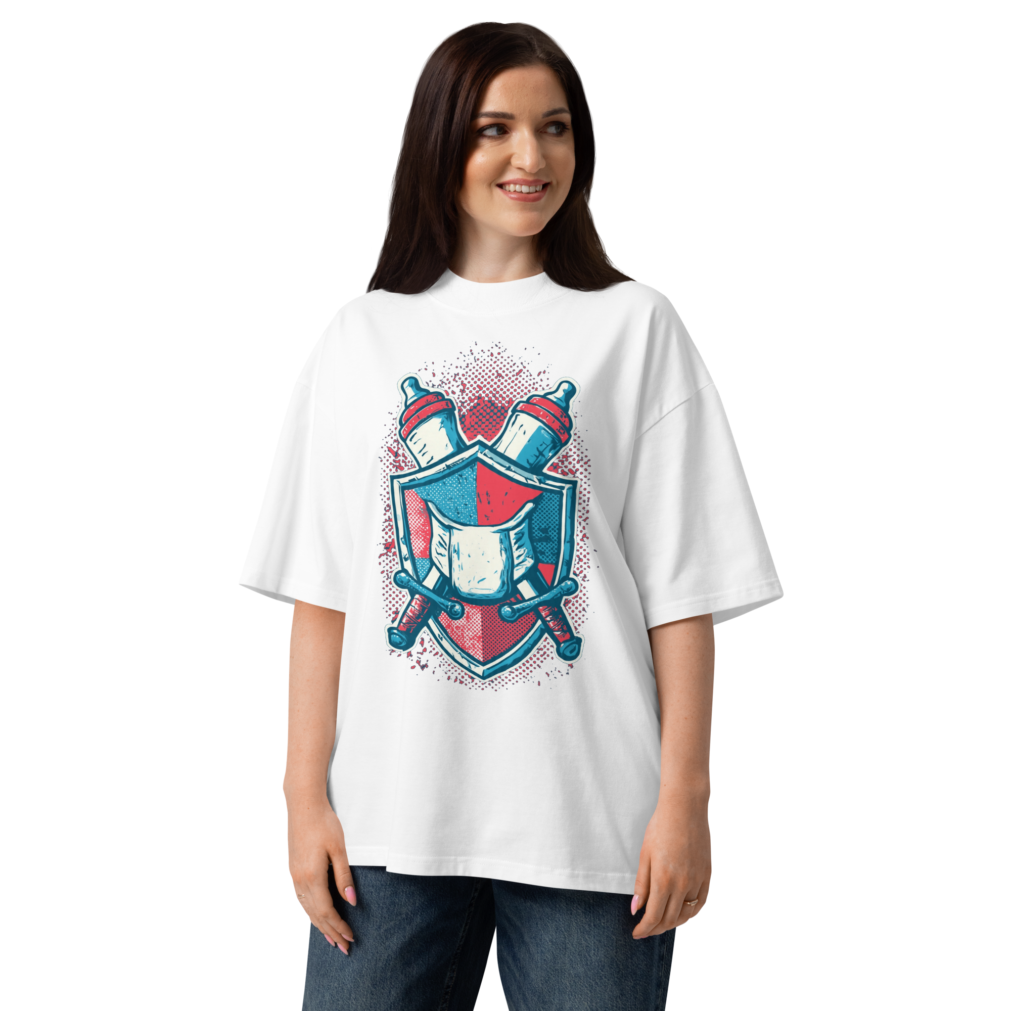 Unisex organic oversized high neck - "Knight of the Diaper Duty Heraldic" t-shirt - Image 4