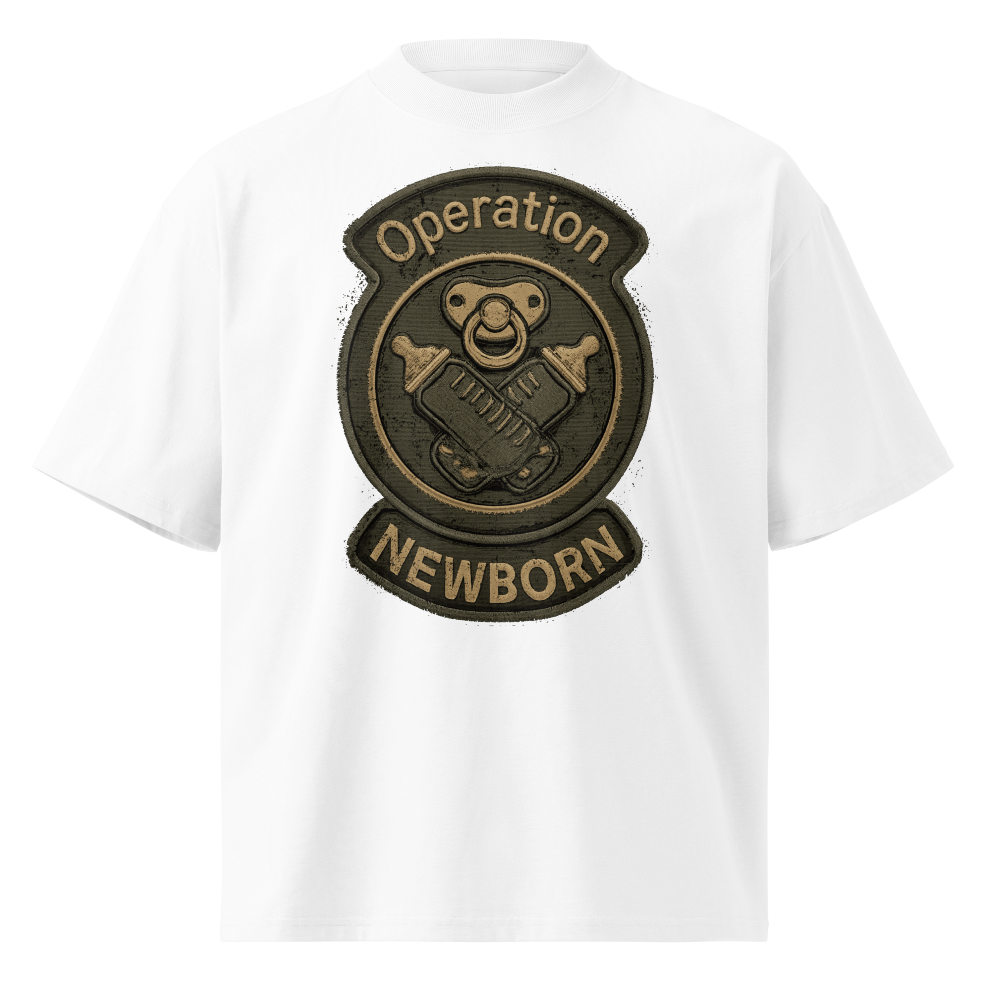 Unisex organic oversized high neck - "Operation Newborn Tactical Patch" t-shirt