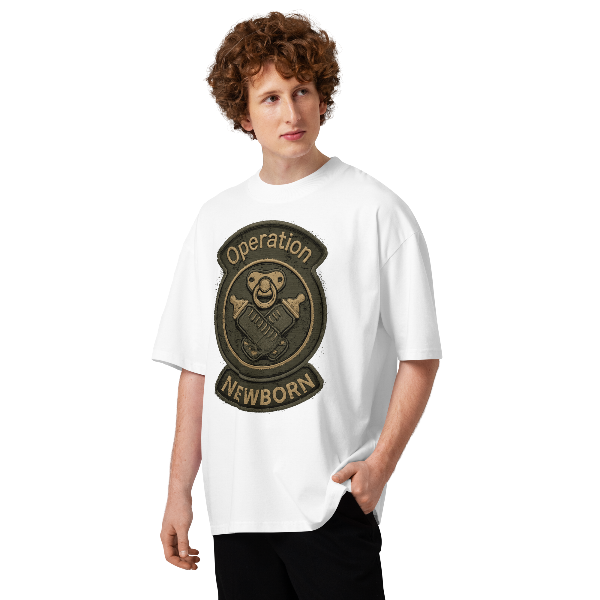 Unisex organic oversized high neck - "Operation Newborn Tactical Patch" t-shirt - Image 3