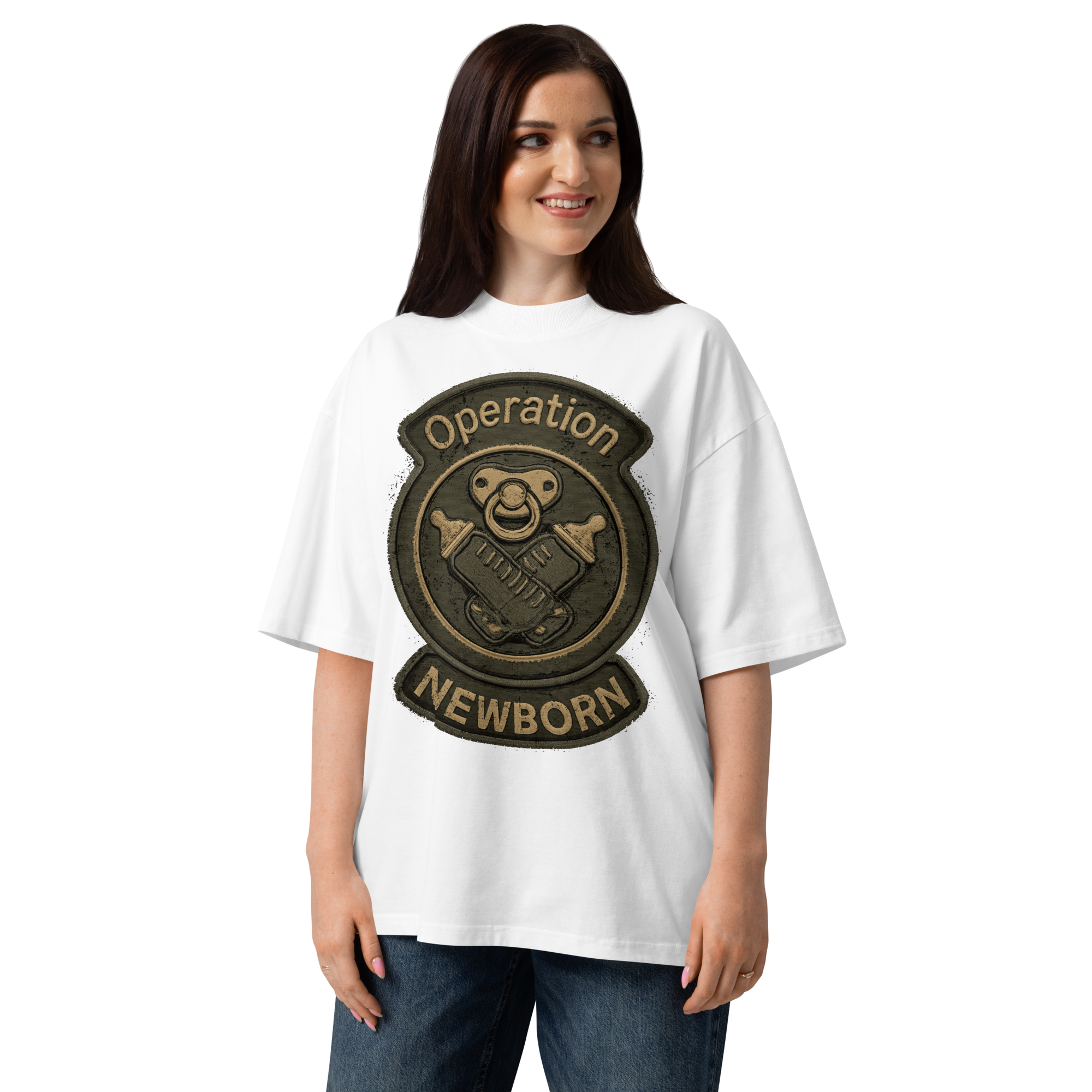 Unisex organic oversized high neck - "Operation Newborn Tactical Patch" t-shirt - Image 4
