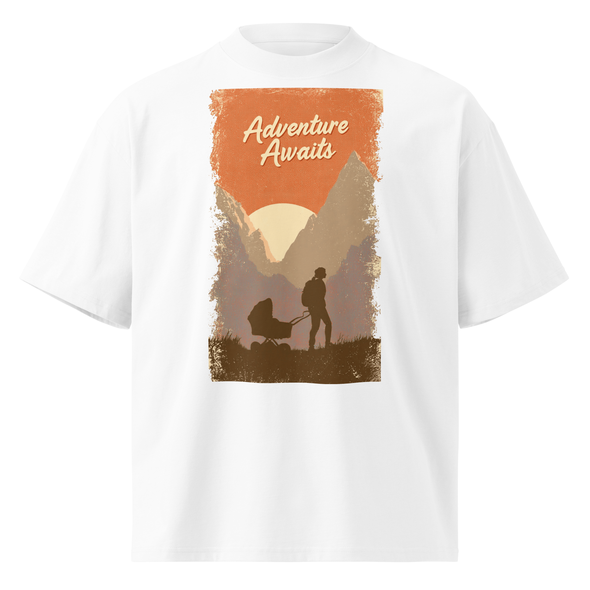Unisex organic oversized high neck - "Retro Stroller Sunset – 80s Vintage Dad Adventure" t-shirt