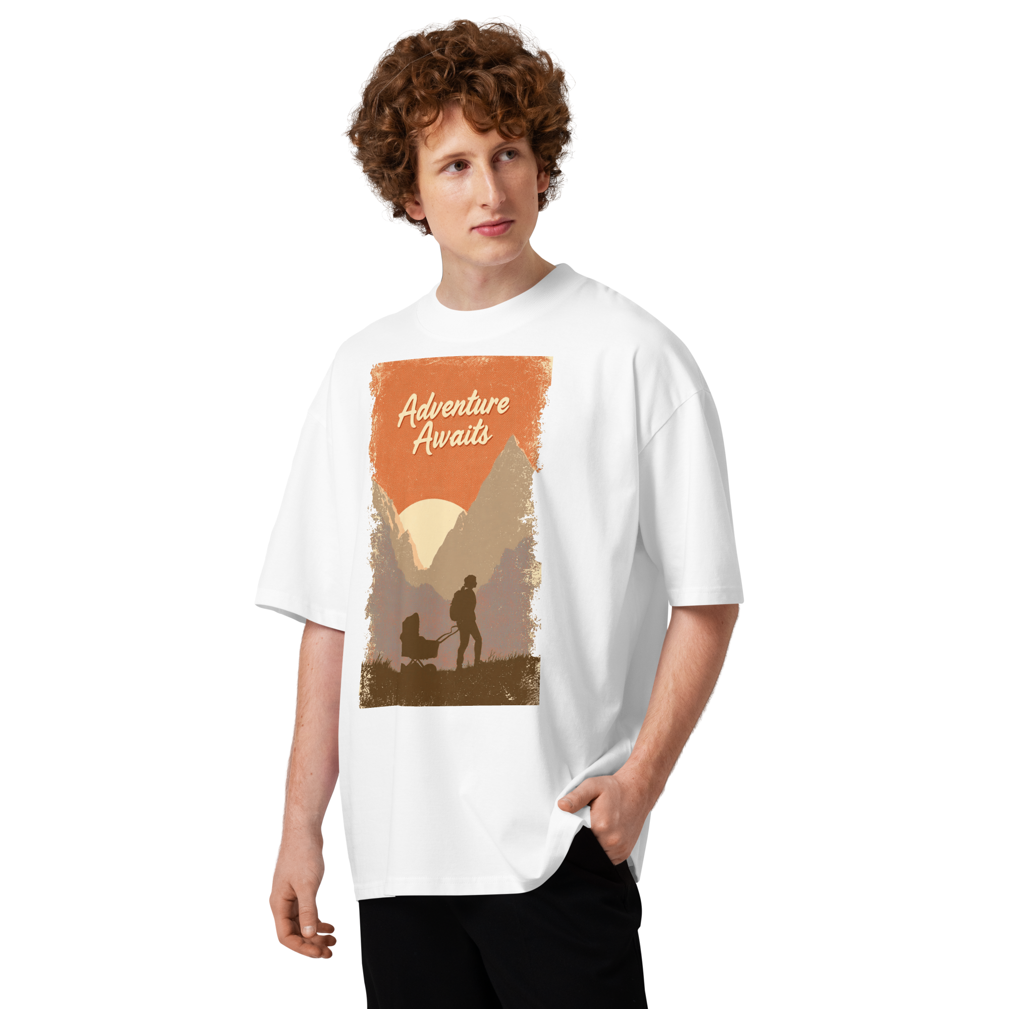 Unisex organic oversized high neck - "Retro Stroller Sunset – 80s Vintage Dad Adventure" t-shirt - Image 3
