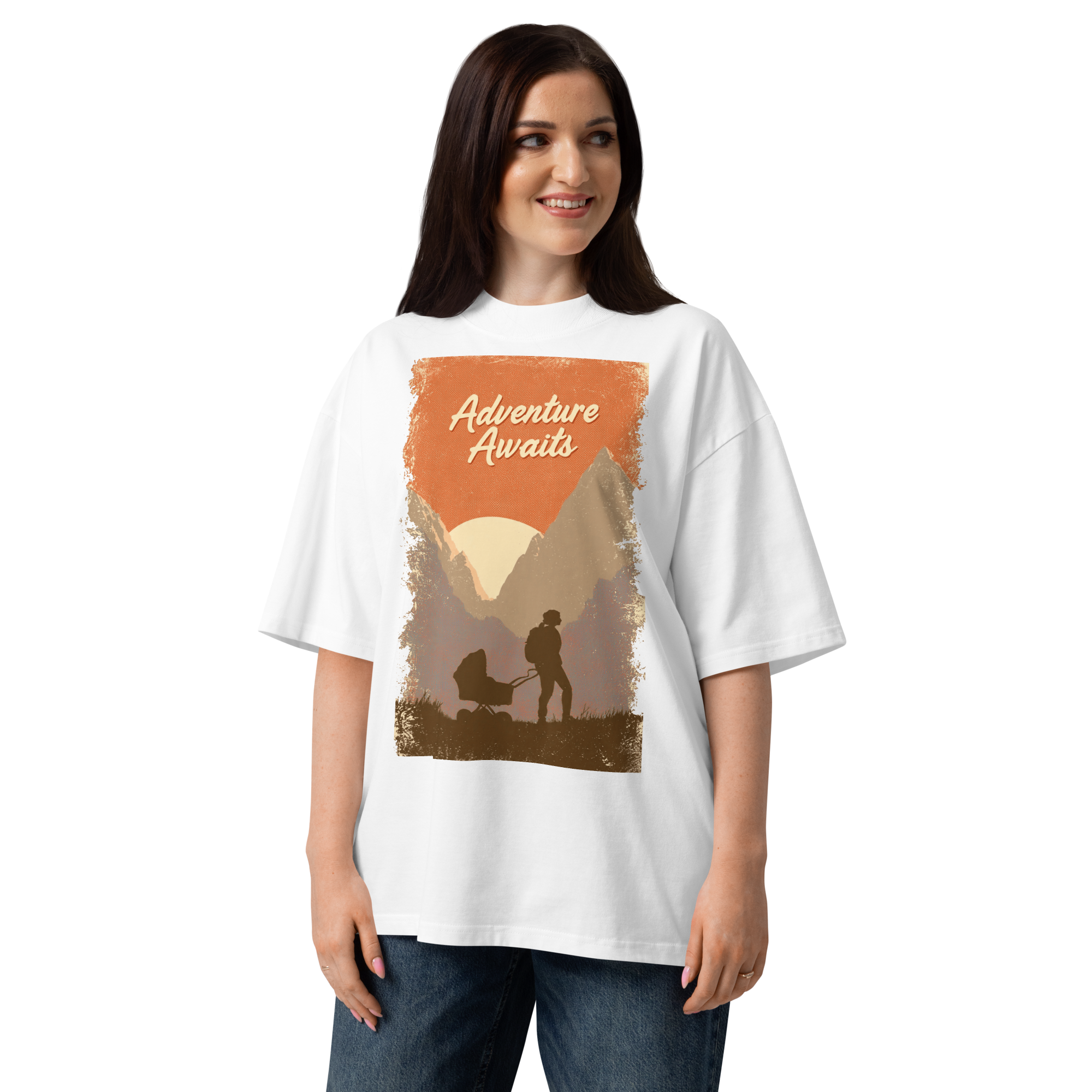 Unisex organic oversized high neck - "Retro Stroller Sunset – 80s Vintage Dad Adventure" t-shirt - Image 4