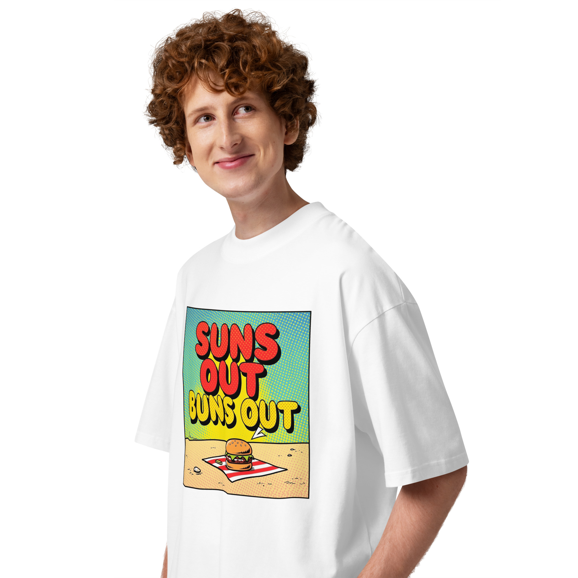 Unisex organic oversized high neck - “Buns Out, Sun Out” – Hamburger Comic Tee - Image 3