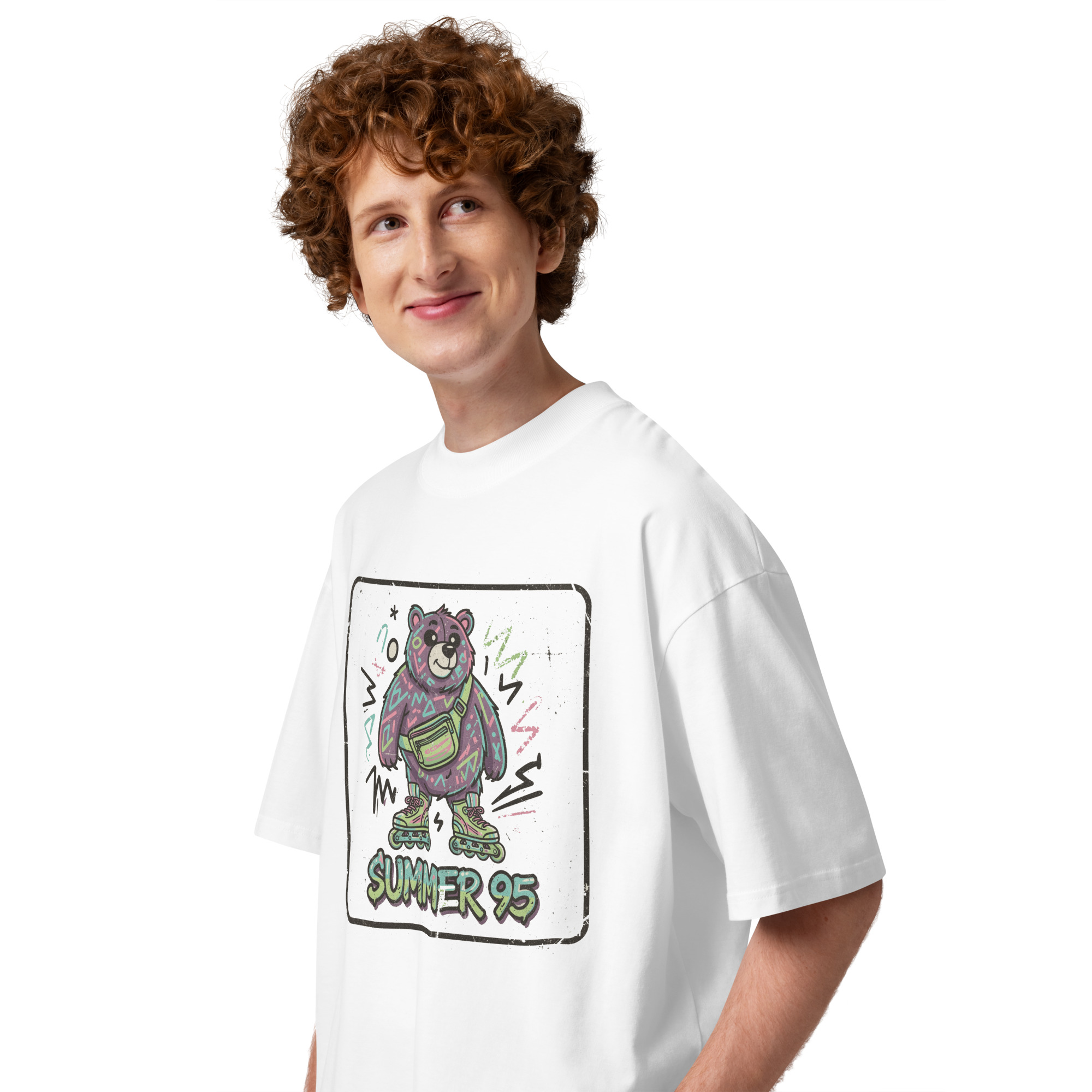 Unisex organic oversized high neck - “Rad Bear ‘95” – Neon Rollerblade Vintage Shirt - Image 3