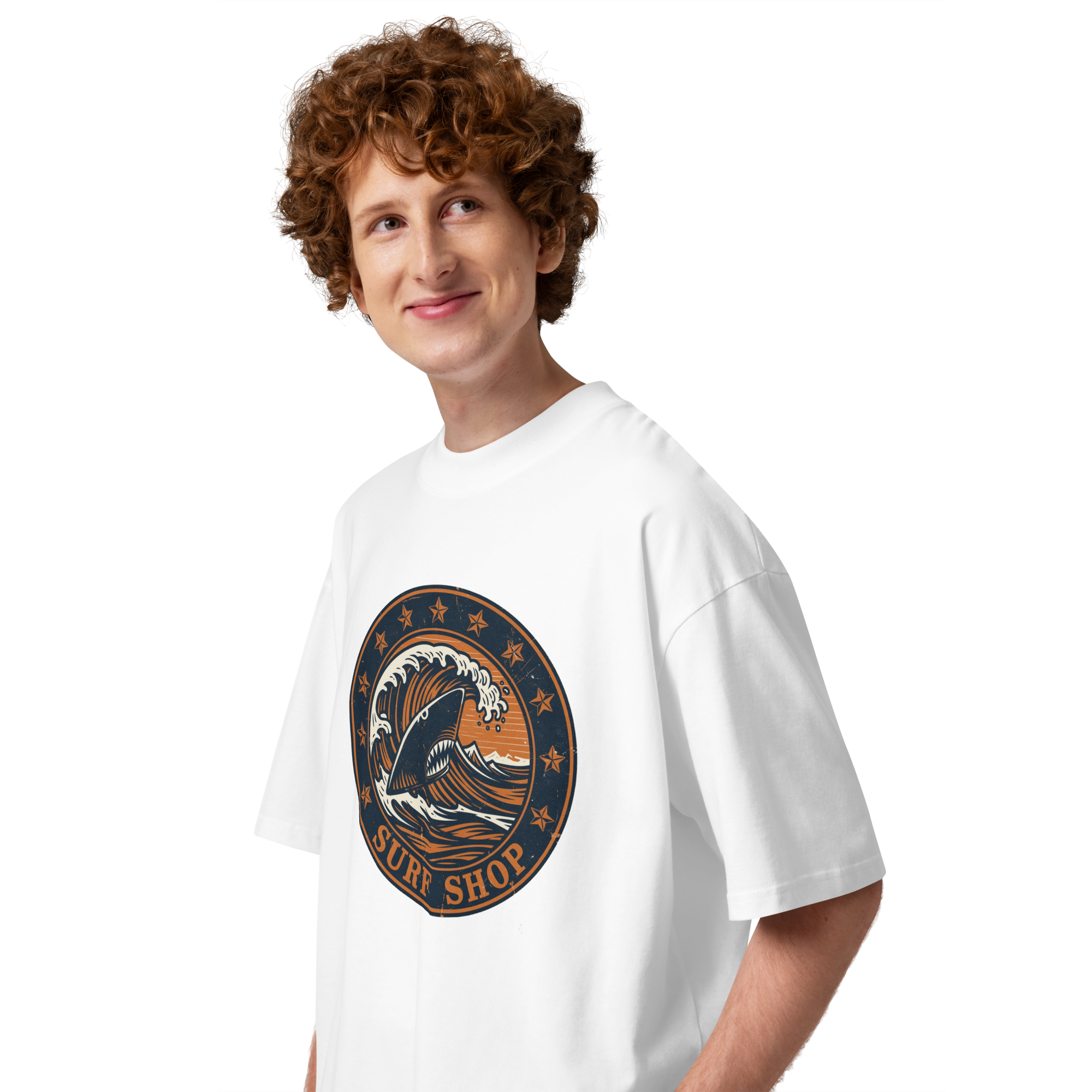 Unisex organic oversized high neck - “Sharkfin Swell” – Vintage Surf Logo Tee - Image 3