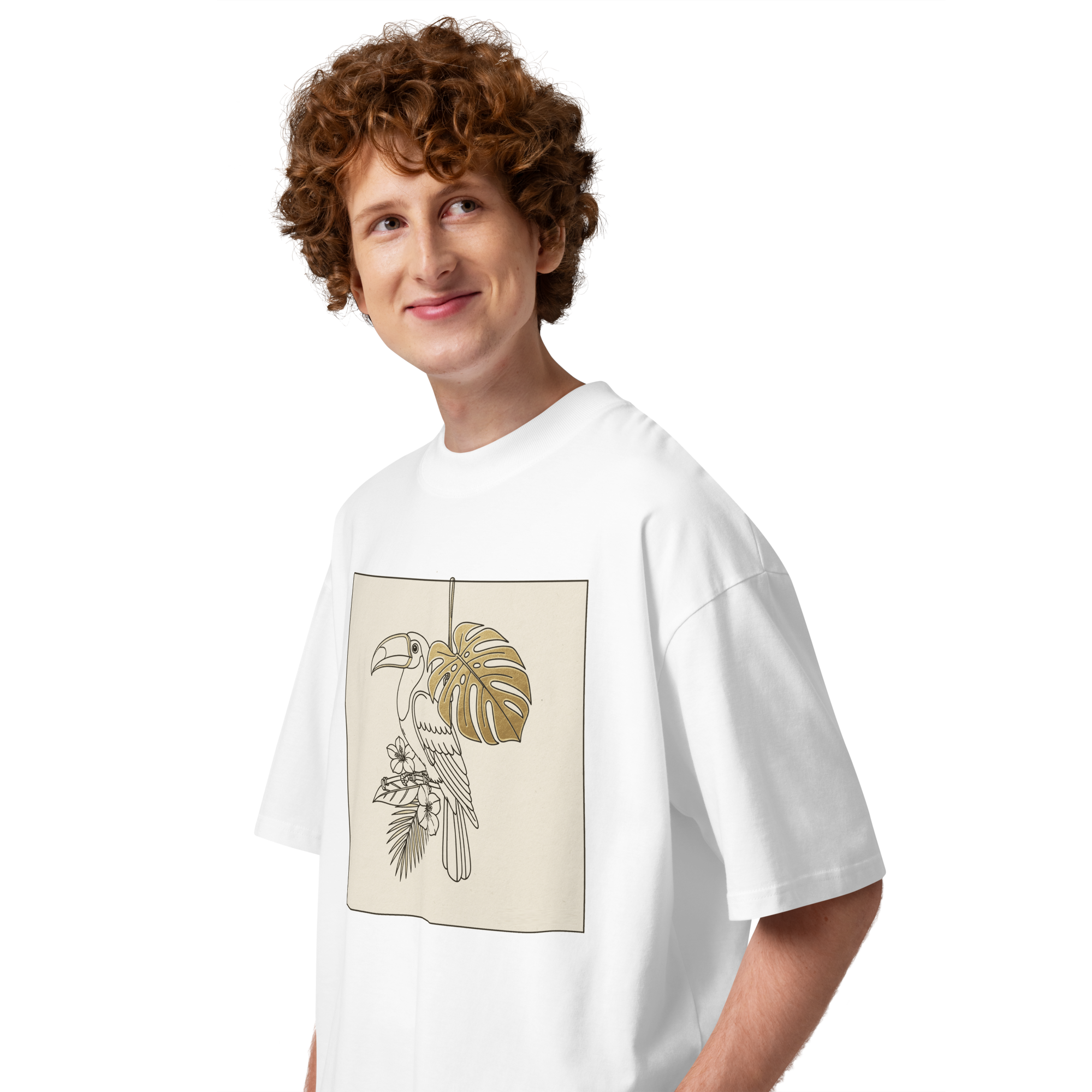 Unisex organic oversized high neck - “Toucan Line” – Monstera & Gold Ink Tattoo Tee - Image 4