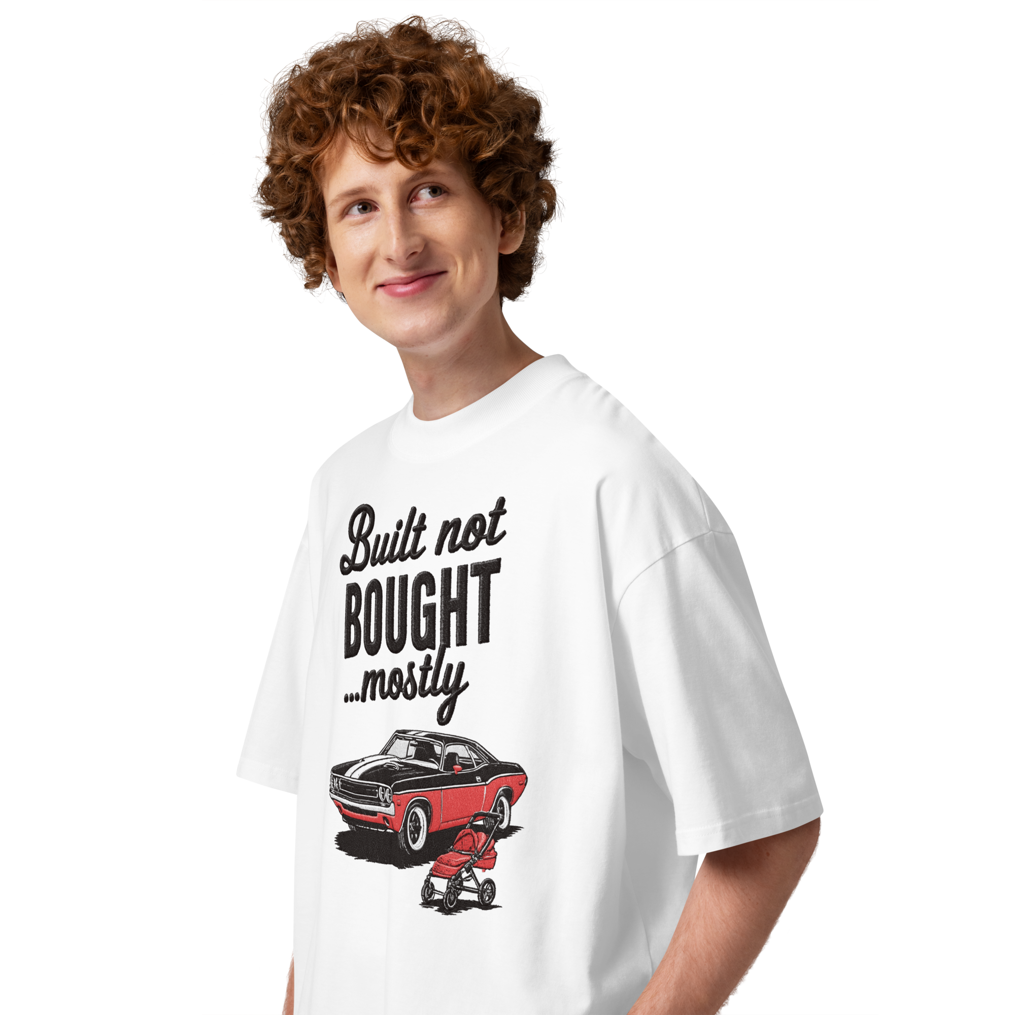 Unisex organic oversized high neck - "built not bought mostly" t-shirt - Image 4