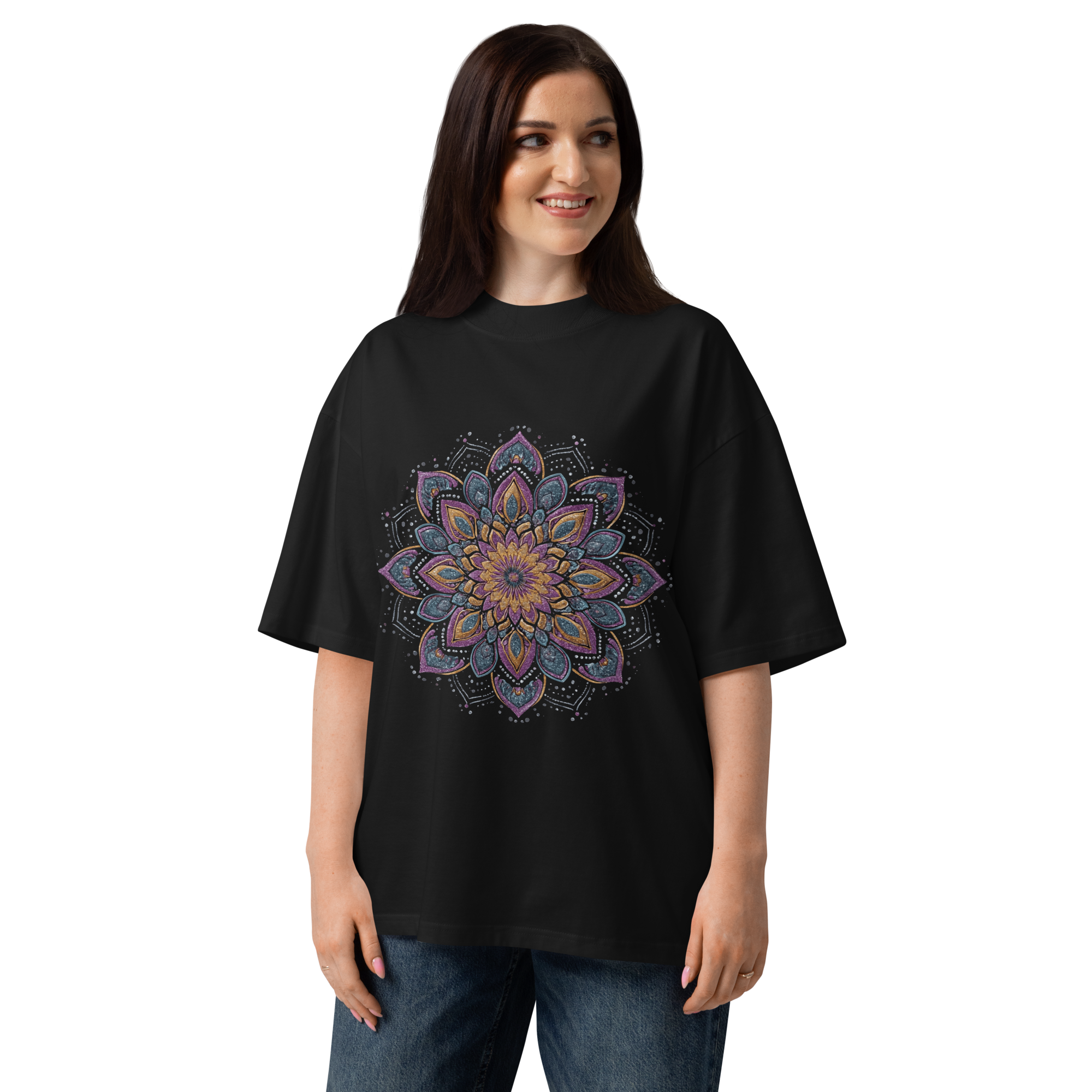Unisex organic oversized high neck - "Starburst Mandala" t-shirt - Image 4