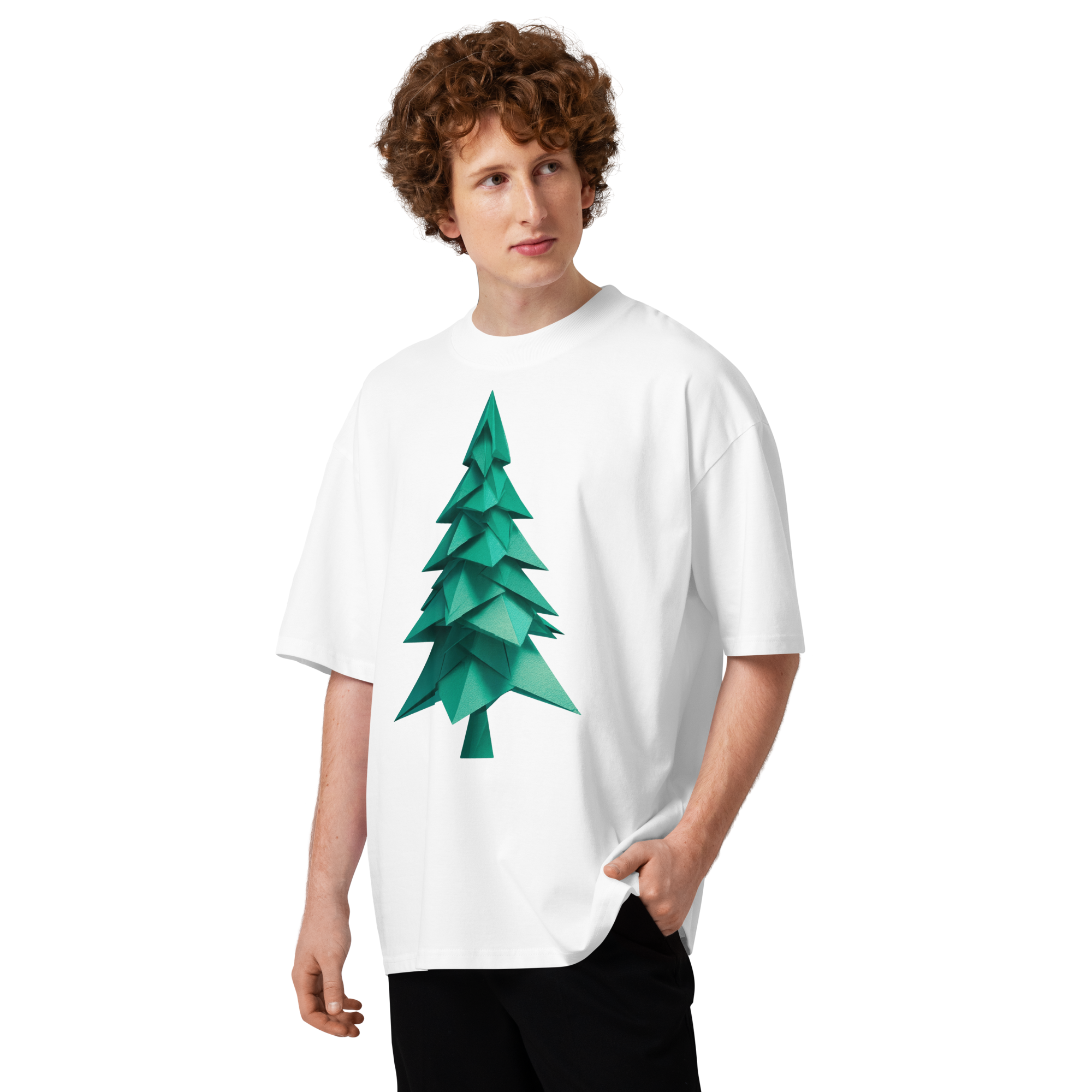 Unisex organic oversized high neck - "Emerald Origami Fold-Paper" t-shirt - Image 3