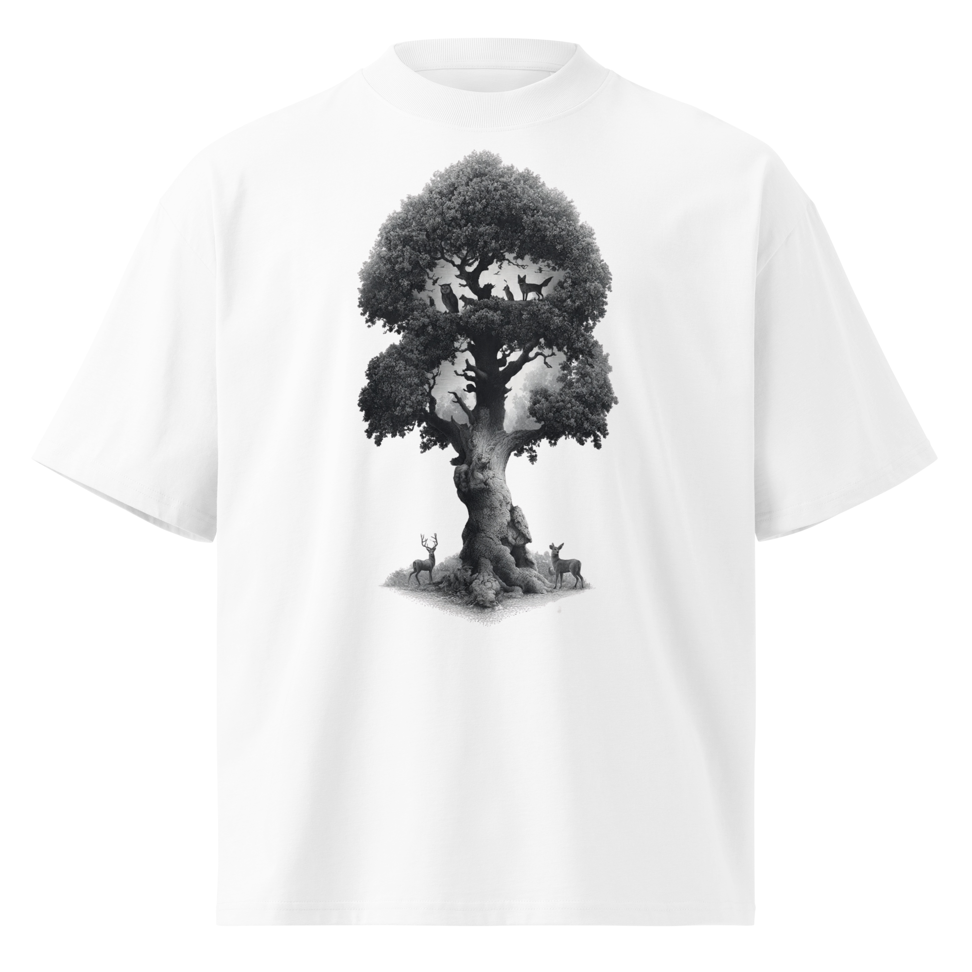 Unisex organic oversized high neck - "Hidden Woodland Creatures Oak" t-shirt