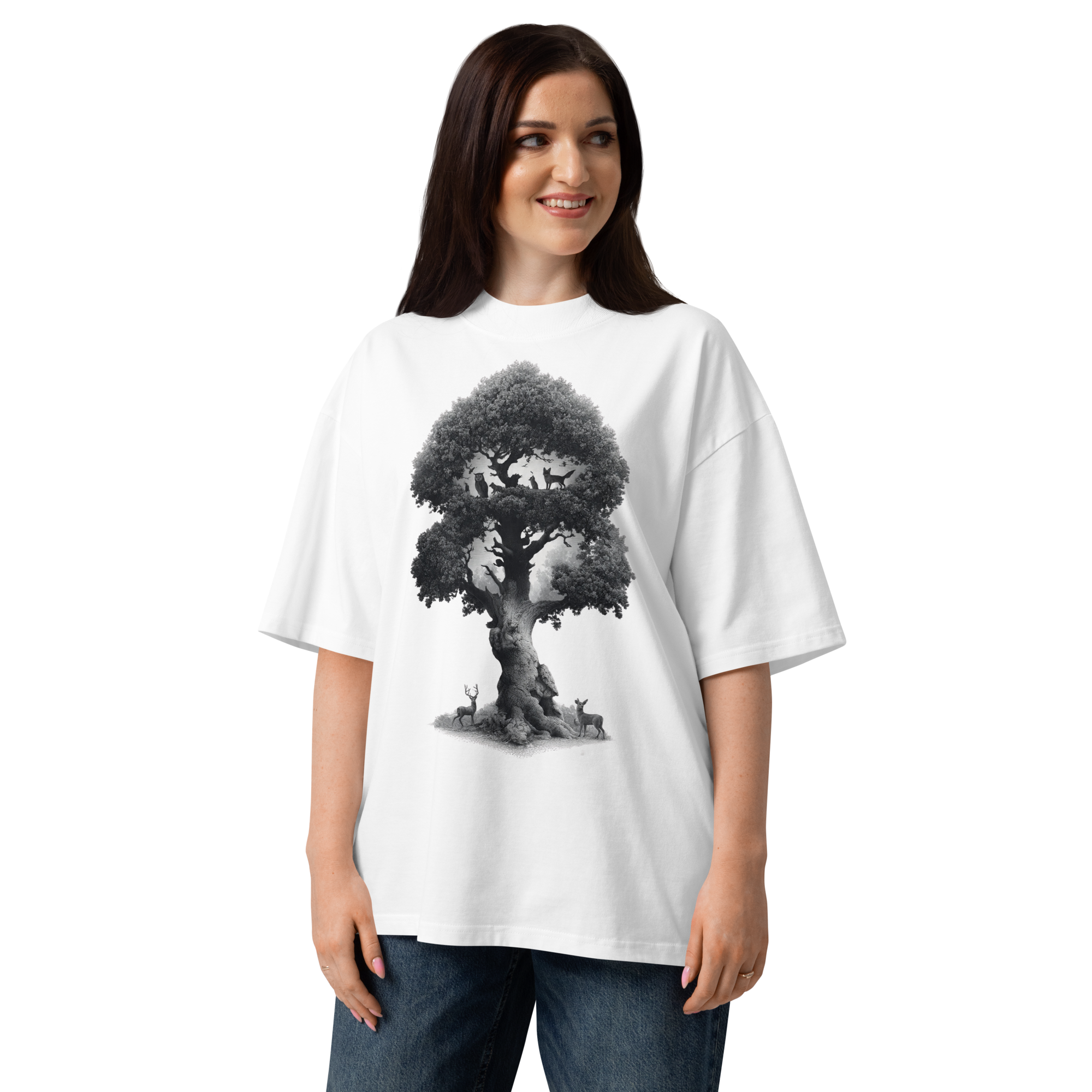Unisex organic oversized high neck - "Hidden Woodland Creatures Oak" t-shirt - Image 4