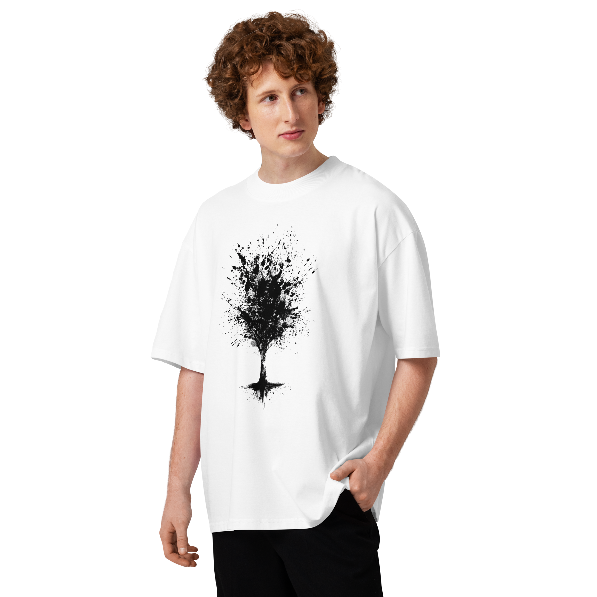 Unisex organic oversized high neck - "The Dry-Brush Ink Splatter Tree" t-shirt - Image 3