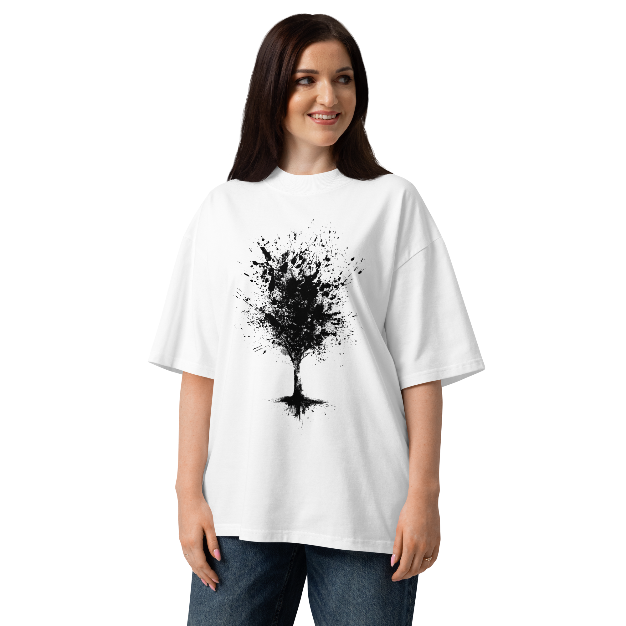Unisex organic oversized high neck - "The Dry-Brush Ink Splatter Tree" t-shirt - Image 4