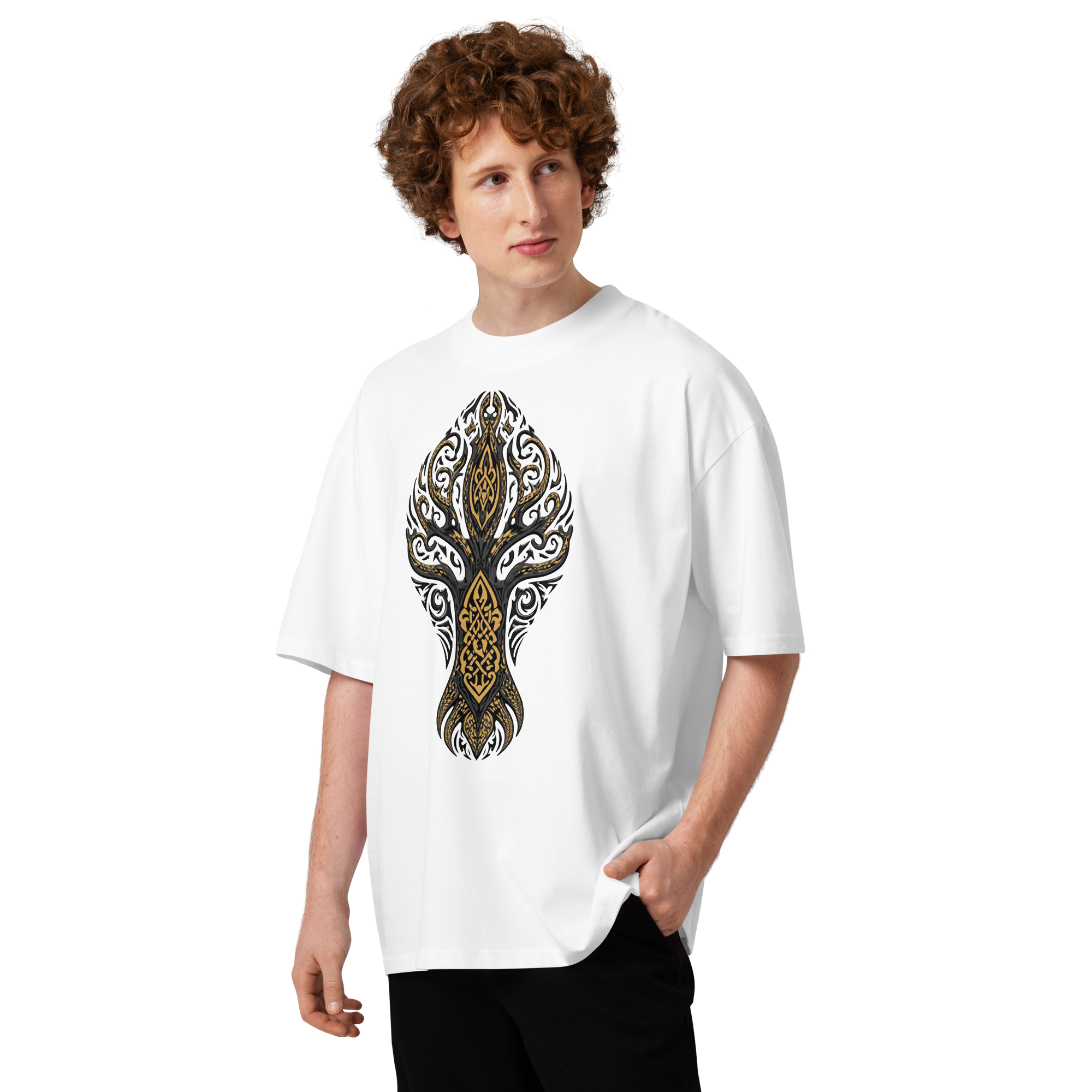 Unisex organic oversized high neck - "Tribal Knotwork Tree of Life" t-shirt - Image 3